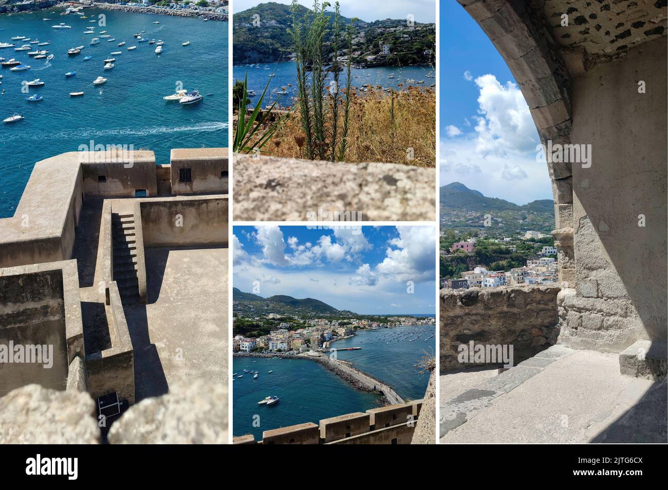 Der herrliche Panoramablick auf die Stadt Ischia Ponte (Insel Ischia, Neapel, Italien) von der Spitze des berühmten aragonesischen Schlosses (18) Stockfoto
