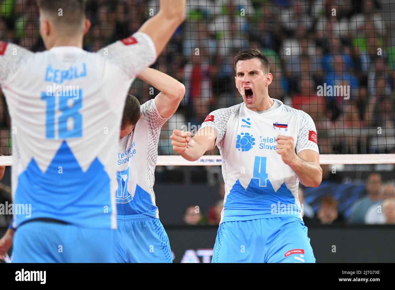 Jan Kozamernik (slowenische Volleyballnationalmannschaft) feiert in der Stozice Arena. Volleyball-Weltmeisterschaft 2022. Stockfoto