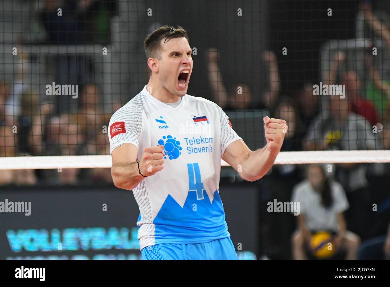 Jan Kozamernik (slowenische Volleyballnationalmannschaft) feiert in der Stozice Arena. Volleyball-Weltmeisterschaft 2022. Stockfoto
