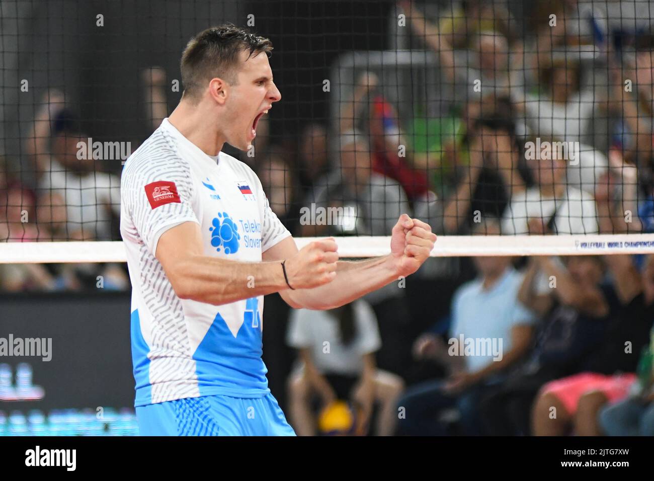 Jan Kozamernik (slowenische Volleyballnationalmannschaft) feiert in der Stozice Arena. Volleyball-Weltmeisterschaft 2022. Stockfoto