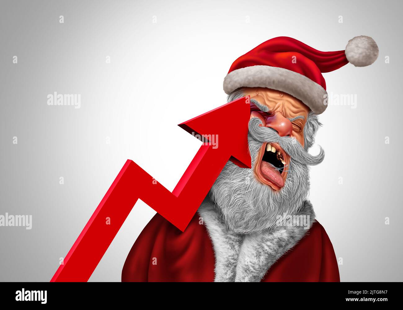 Das Konzept der Weihnachtsinflationsschmerzen, da der Weihnachtsmann von einem nach oben schiefen Pfeil der Finanzchart, der steigende Verbraucherpreise darstellt, hart getroffen wird Stockfoto