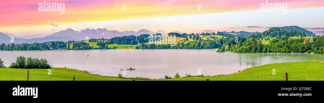 Blick über den Forggensee und die Allgäuer Alpen, Bayern, Deutschland Stockfoto