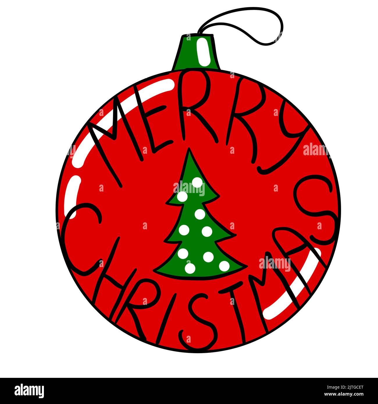Handgezeichnete Illustration von roten Weihnachtsschmuck, hellen Neujahr Winter hängenden Ball, Dezember Dekor mit Baum. Party Feiertag Feier isoliert Aufkleber Stockfoto