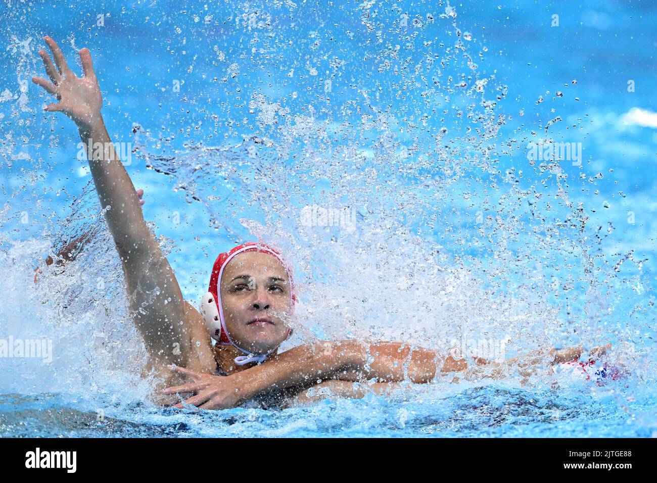 SPLIT, KROATIEN - 30. AUGUST: Torhüterin von Rumänien Mariia Dvorzhetska im Einsatz während des len European Championship Split 2022 Wasserpolo-Spiels der Frauen zwischen Kroatien und Rumänien in der Spaladium Arena am 30. August 2022 in Split, Kroatien. Foto: Marko Lukunic/PIXSELL Stockfoto