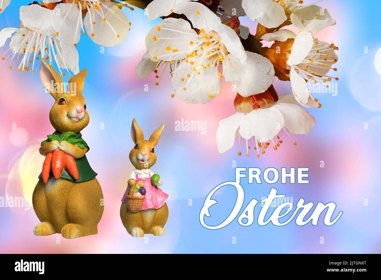 Osterhase mit Tochter mit Ostereiern und Karotten vor blühendem Kirschzweig, komponieren Stockfoto