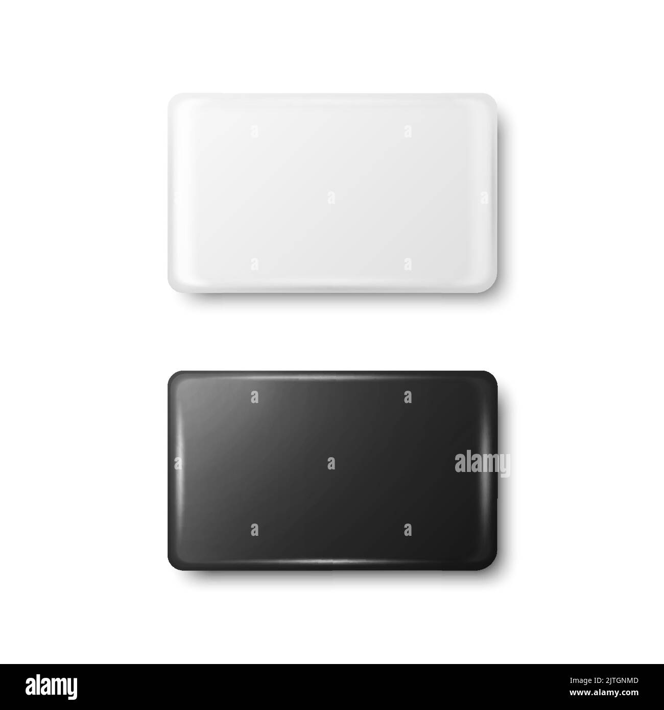 Vector 3D Realistic Rectangular White und Black Metal, Kunststoff leer Taste Abzeichen Symbol isoliert. Abzeichen Mit Knopfstift. Glänzende Brosche. Draufsicht - Stock Vektor