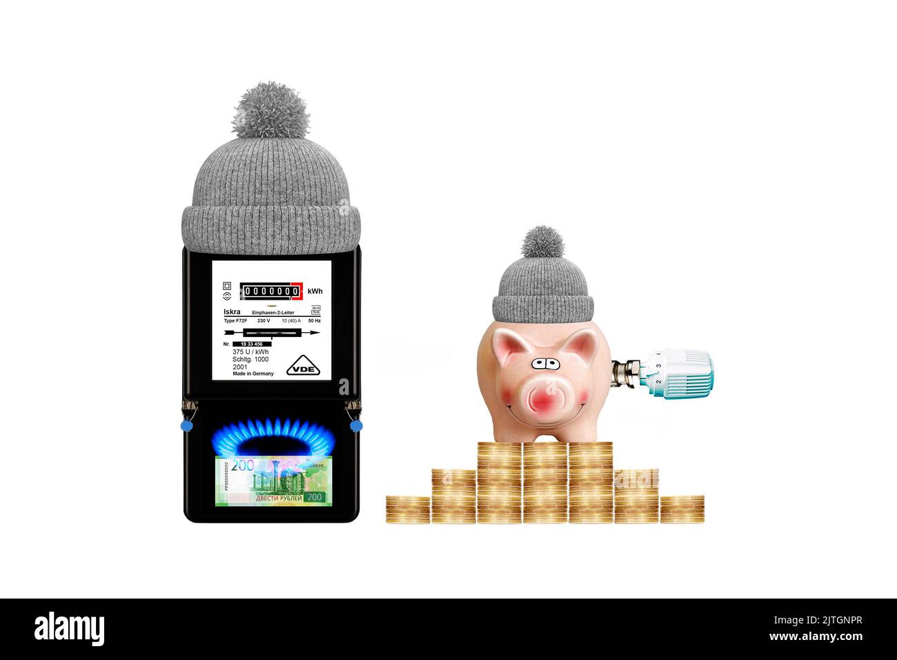 Stromzähler, Gasflamme und Sparschwein, Symbol für Energieeinsparung Stockfoto