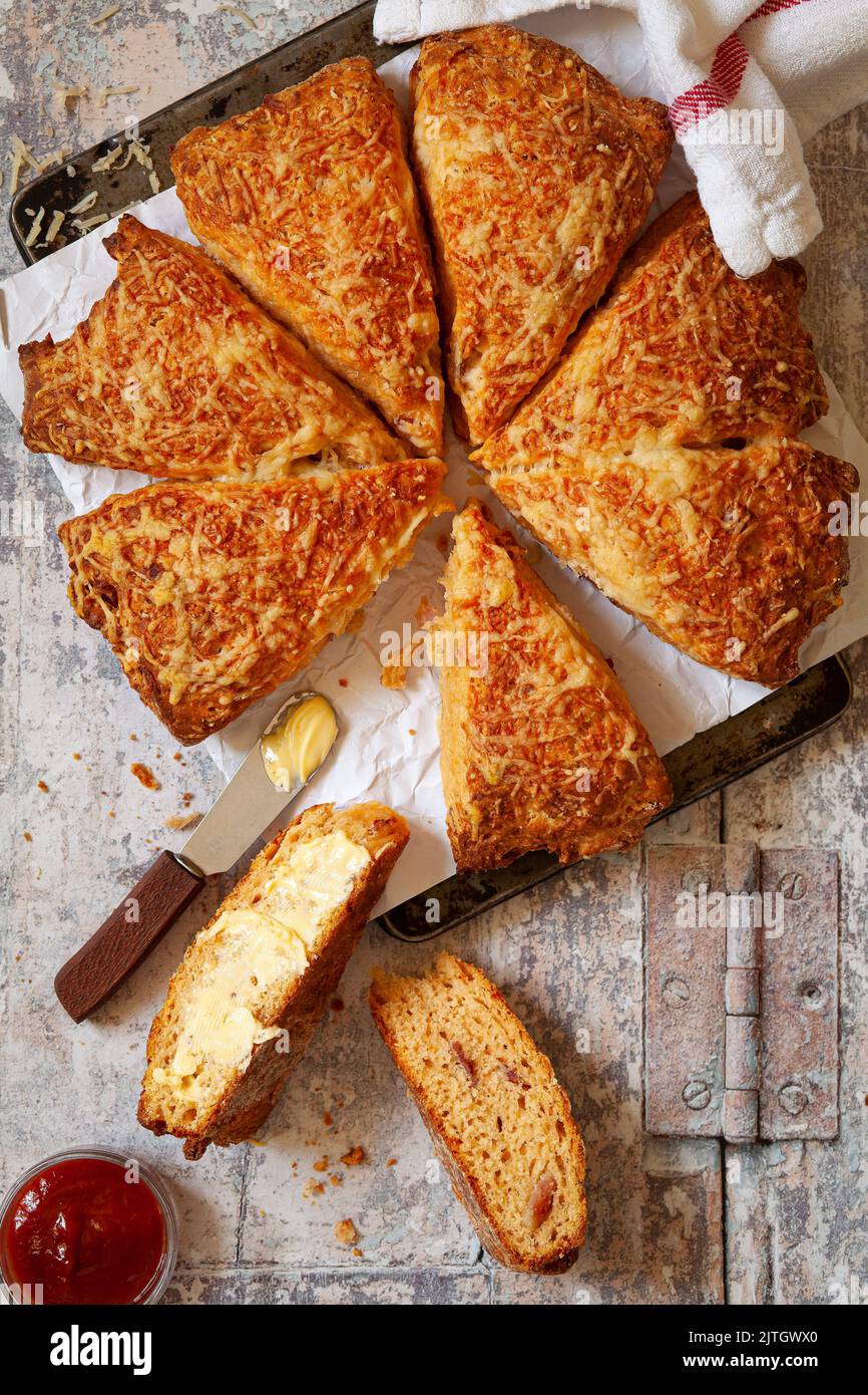 Herzhafter Cheddar-Käse und Speckkuchen auf einem Backblech Stockfoto