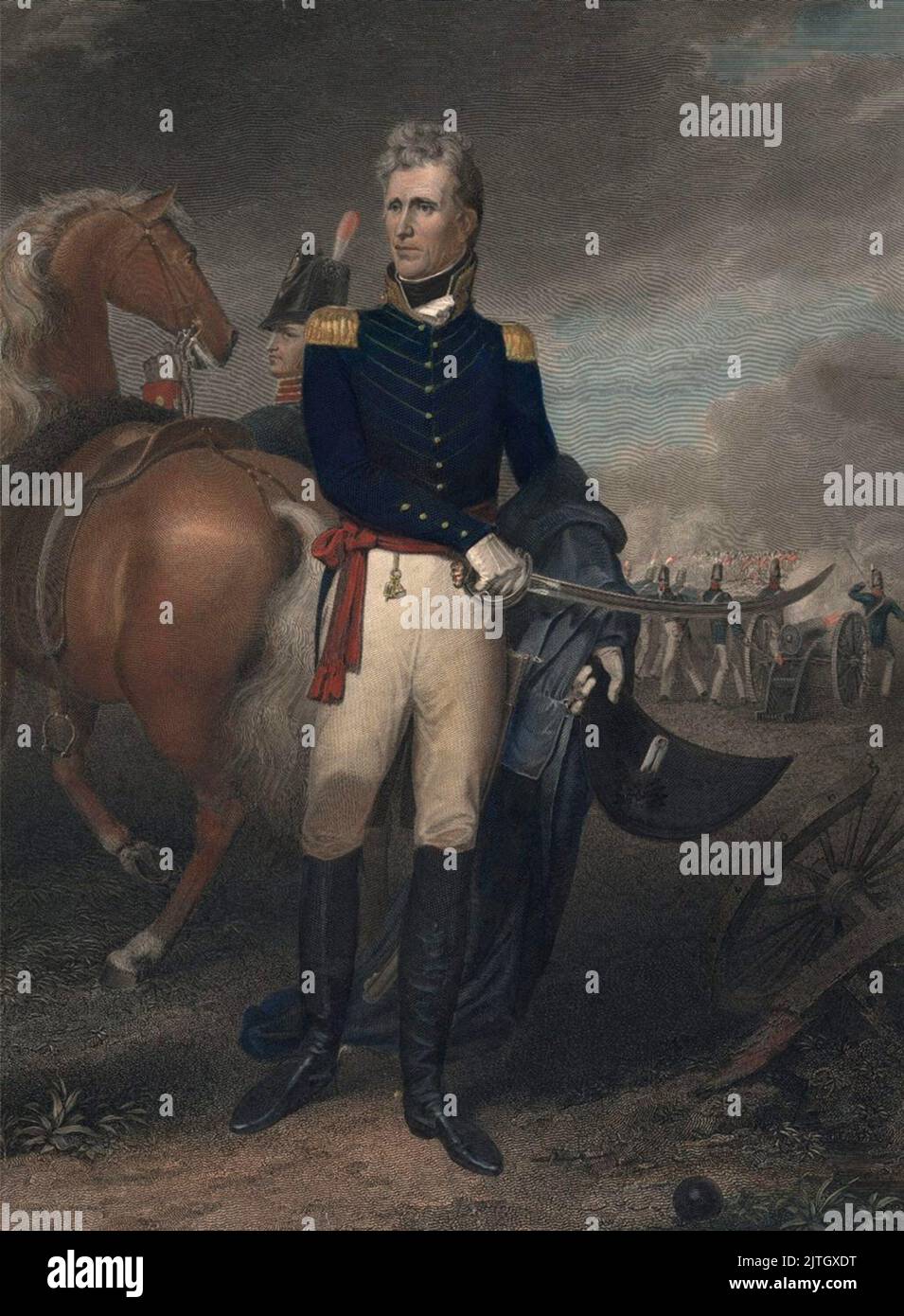 Ein Gemälde von Andrew Jackson, der der siebte Präsident der USA war, bei der Schlacht von New Orleans am 8.. Januar 1815. Das Gemälde ist von John Vanderlyn. Stockfoto