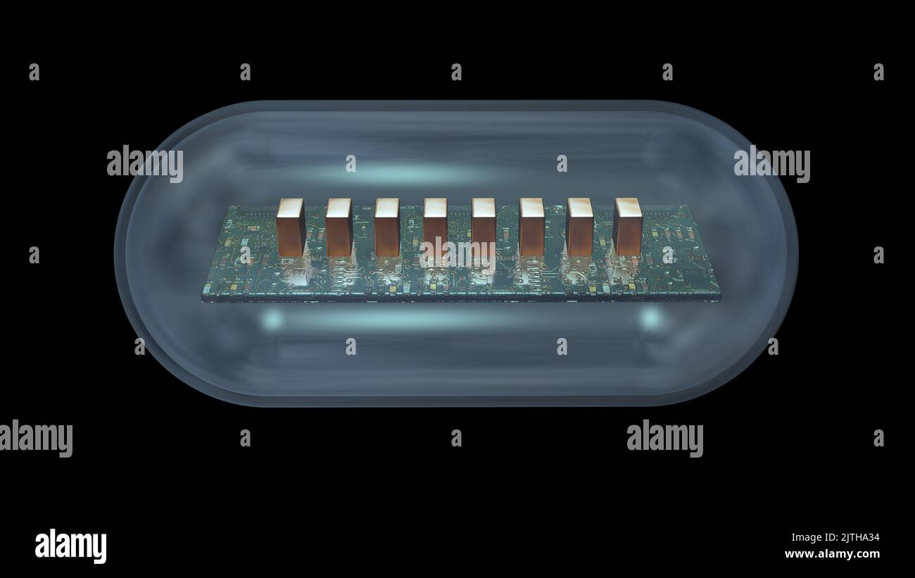 Bioelektronik . Microchip in Pillenkapsel. Elektronische Komponenten in winzigen Kapsel . 3D Rendering-Illustration Stockfoto