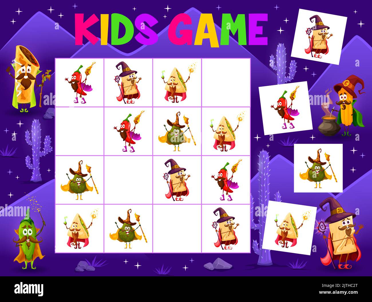 Sudoku Kinder Spiel Cartoon tex mex mexikanischen Food Wizard Charaktere. Vektor-Rätsel mit Tamales, Churros und Chili, Avocado, Quesadilla-Zauberern mit Stäben auf quadratischem Brett. Lernaufgabe Stock Vektor