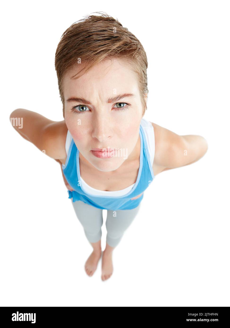 Das ist es, was Sie suchen, richtig. Studioportrait einer jungen Frau, die vor weißem Hintergrund unzufrieden aussieht. Stockfoto