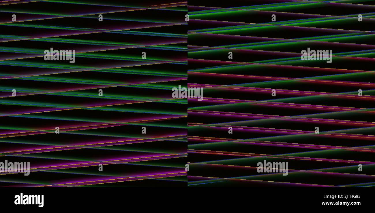 Abstraktes digitales Grafikmuster mit bunten Pixellinien mit Glitch-Effekt auf schwarzem Hintergrund Stockfoto