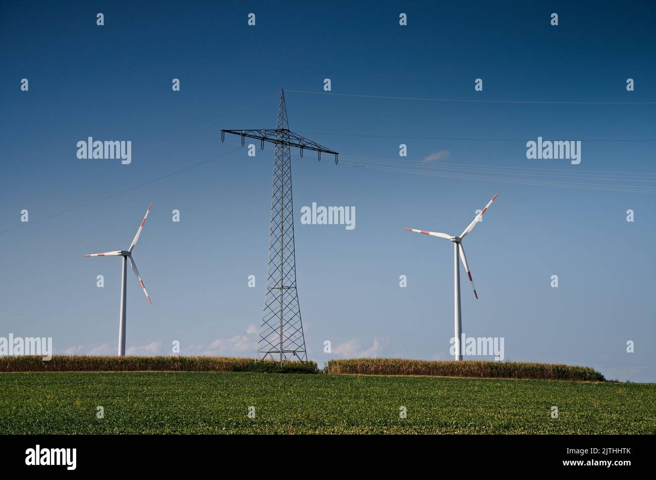 Strompylon und zwei Windturbinen in ländlicher Landschaft Stockfoto