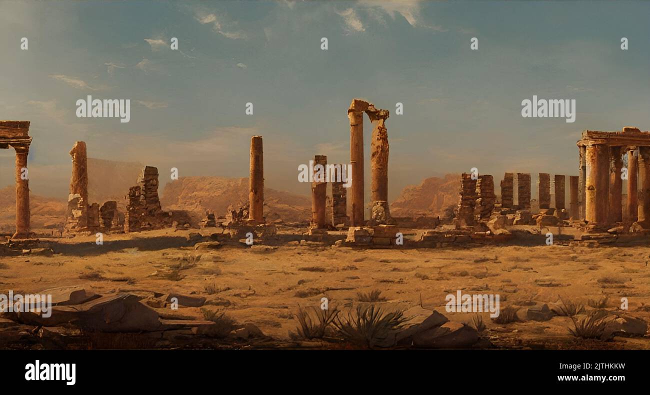 Antiker Tempel, Ruinen in einer Wüste, digitale Malerei Stockfoto