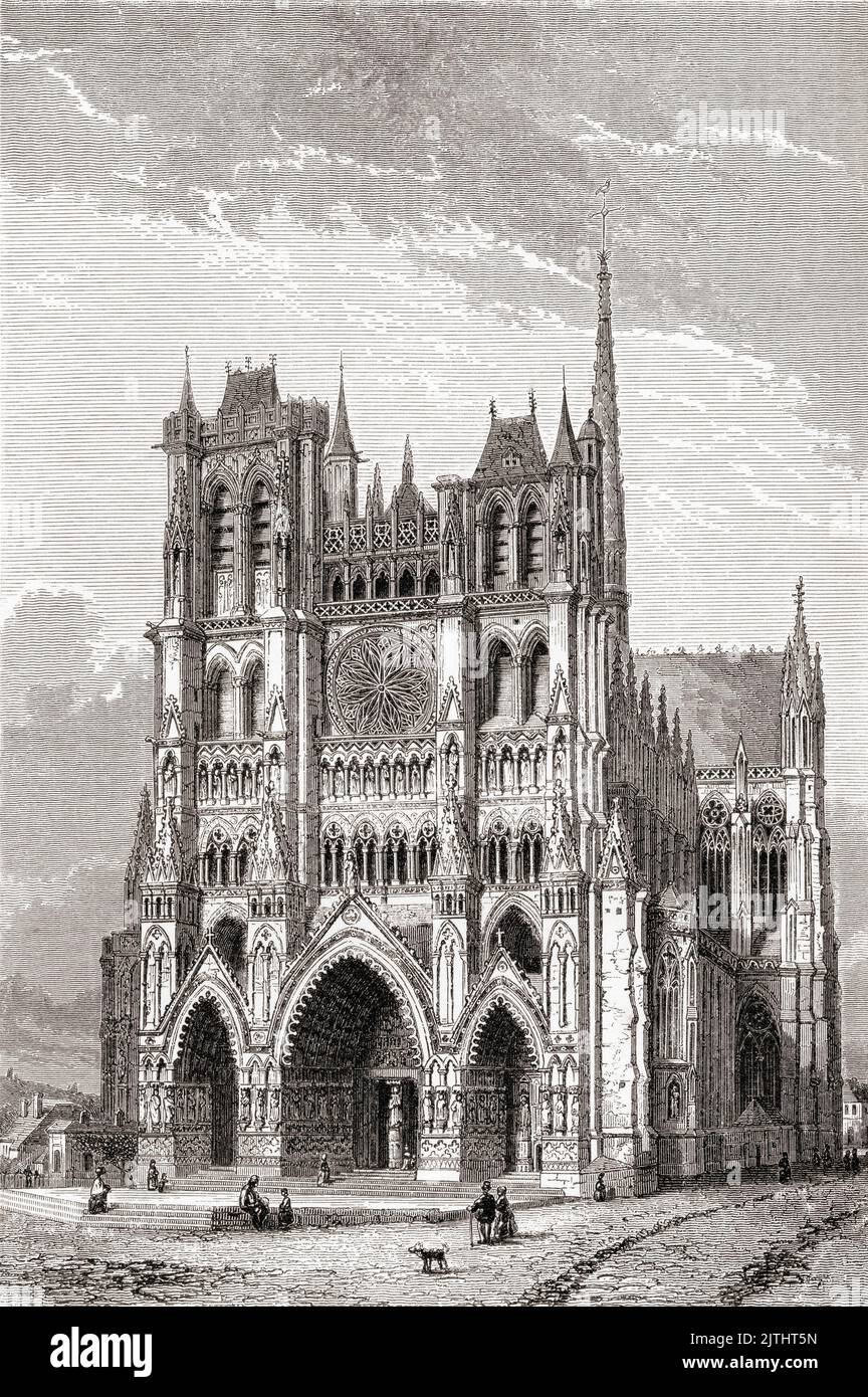 Die Kathedrale Basilika unserer Lieben Frau von Amiens alias Kathedrale von Amiens, Amiens, Frankreich, hier im 19.. Jahrhundert gesehen. Die im 13.. Jahrhundert erbaute Kathedrale wurde im hochgotischen Baustil von Robert von Luzarches entworfen. Aus Les Plus Belles Eglises du Monde, veröffentlicht 1861. Stockfoto