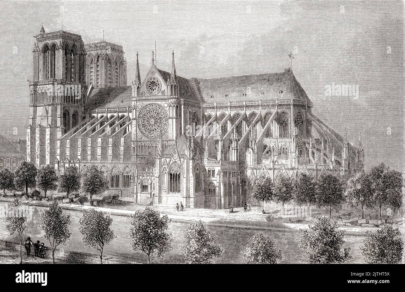 Notre-Dame de Paris, Île de la Cité, Paris, Frankreich, hier im 19.. Jahrhundert vor der Hinzufügung des Turms gesehen. Es wurde zwischen 1163 und 1345 im französischen gotischen Baustil erbaut. Die Architekten Jean-Baptiste Lassus und Eugène Viollet-le-Duc wurden 1844 beauftragt, die Kathedrale nach ihrem Zusammenbruch in den Jahrzehnten nach den Napoleonischen Kriegen wieder zu restaurieren. Aus Les Plus Belles Eglises du Monde, veröffentlicht 1861. Stockfoto