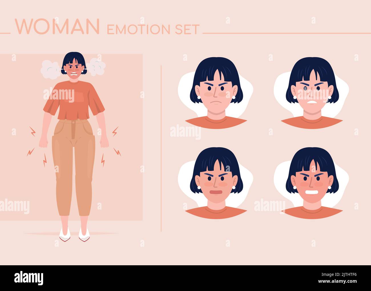 Wütend junge Frau halb flache Farbe Charakter Emotionen eingestellt Stock Vektor