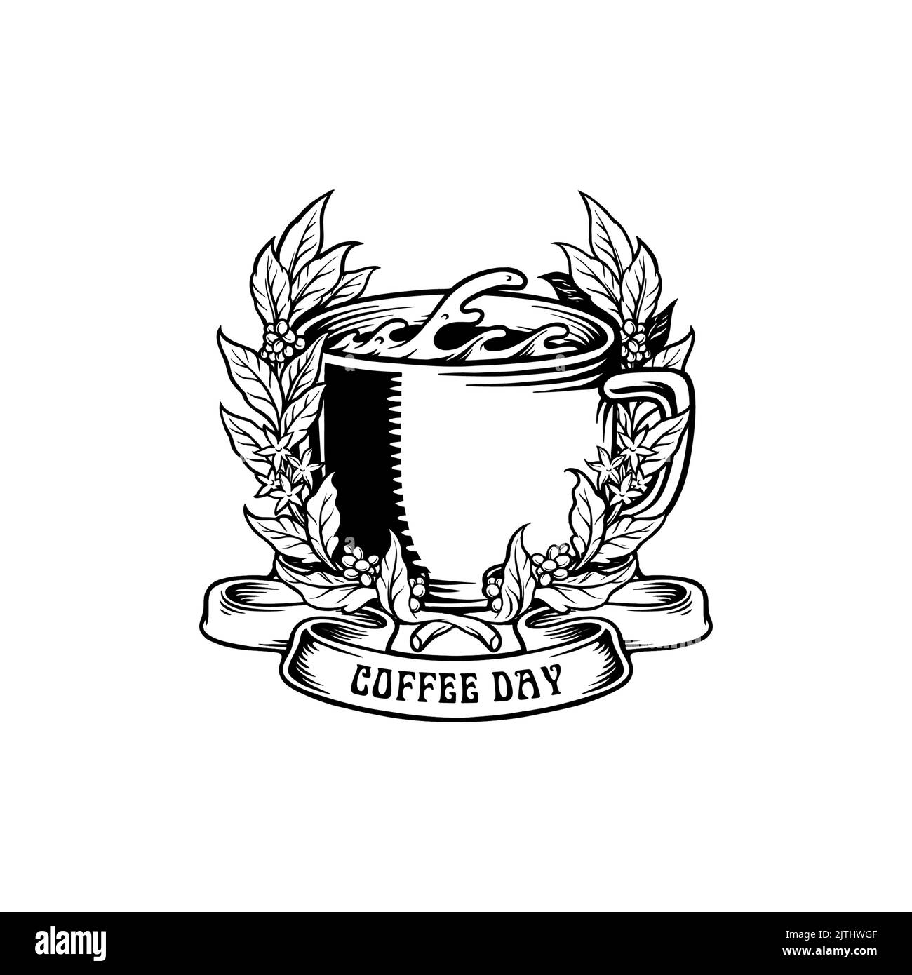 Coffee Day Vintage Abzeichen mit Glas und Band Vektor-Illustrationen für Ihre Arbeit Logo, Maskottchen Merchandise T-Shirt, Aufkleber und Label-Designs, Poster Stockfoto