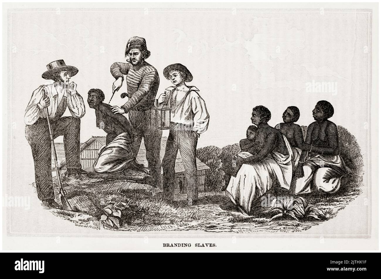 White Slave Traders Branding gefangenen afrikanischen weiblichen Sklaven, Gravur, 1859 Stockfoto