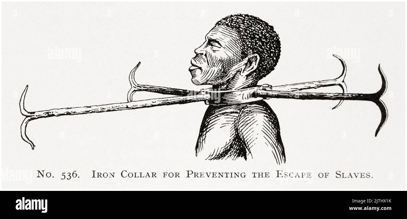Eiserner Kragen Sklavenhalter zur Verhinderung der Flucht von Sklaven, Illustration, um 1800-1870 Stockfoto