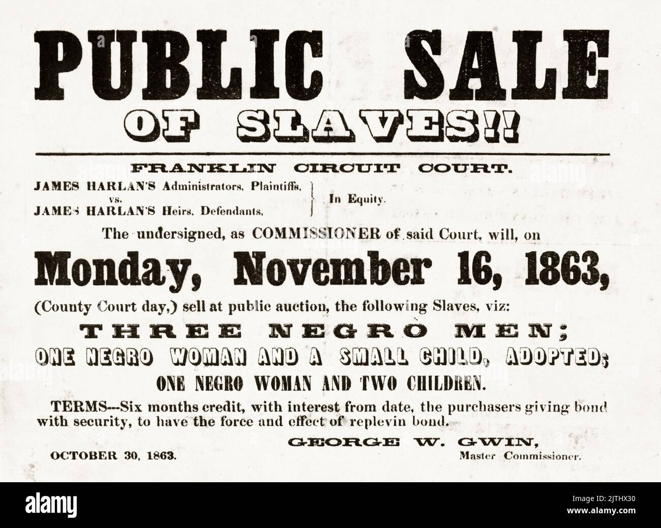 Werbung für den öffentlichen Verkauf von Sklaven, Kentucky, USA, 1863 Stockfoto