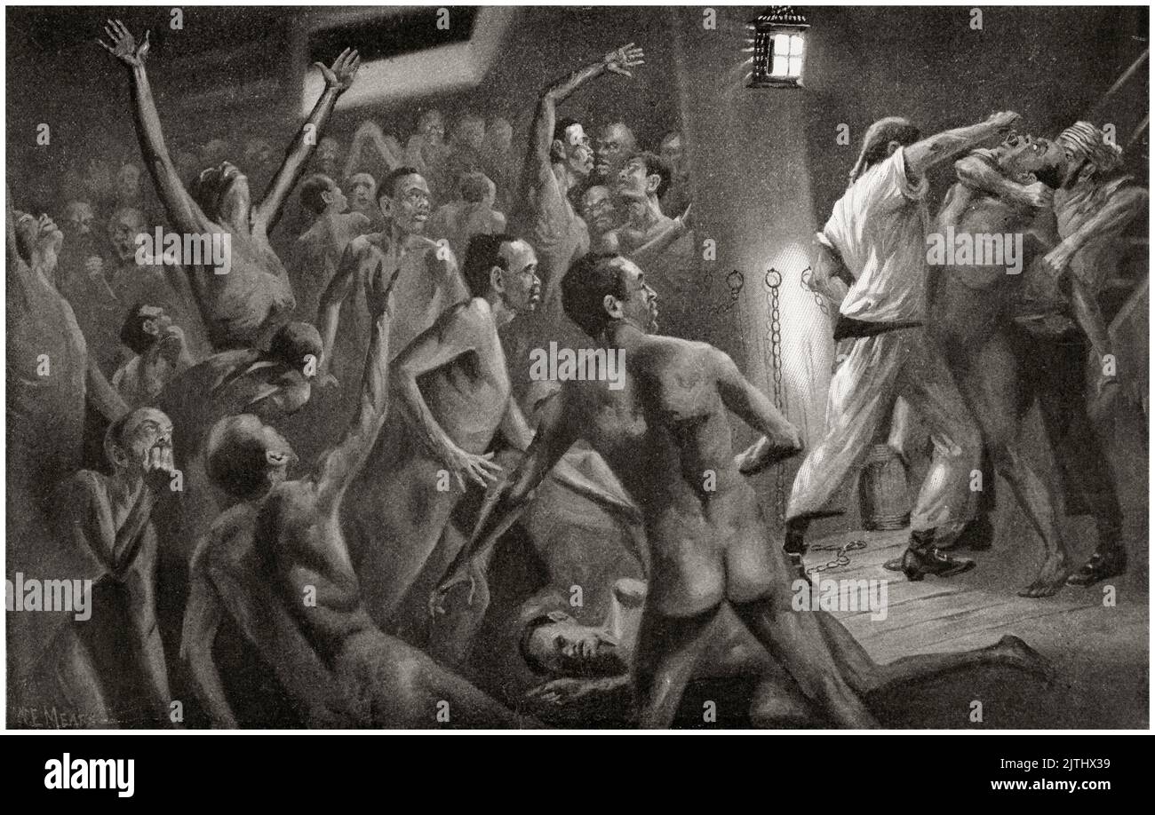 Zwangsernährung afrikanischer männlicher Sklaven an Bord eines Transatlantischen Sklavenschiffs, Druck, 1900 Stockfoto