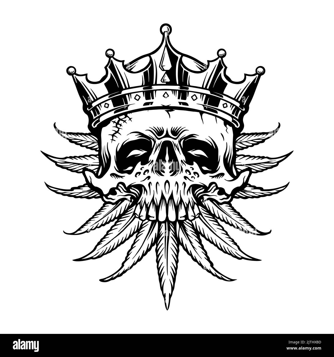 Dead King Weed Leaf Skull Silhouette Vektor Illustrationen für Ihre Arbeit Logo, Maskottchen Merchandise T-Shirt, Aufkleber und Label Designs, Poster, Gruß Stockfoto