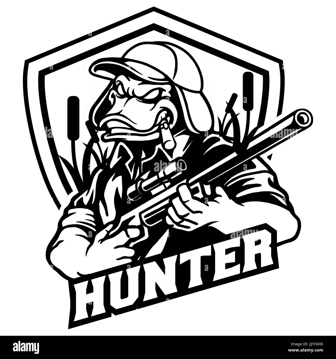 Duck Hunter Mascot Badge Silhouette Vektor-Illustrationen für Ihre Arbeit Logo, Maskottchen Merchandise T-Shirt, Aufkleber und Label-Designs, Poster, Gruß Stockfoto