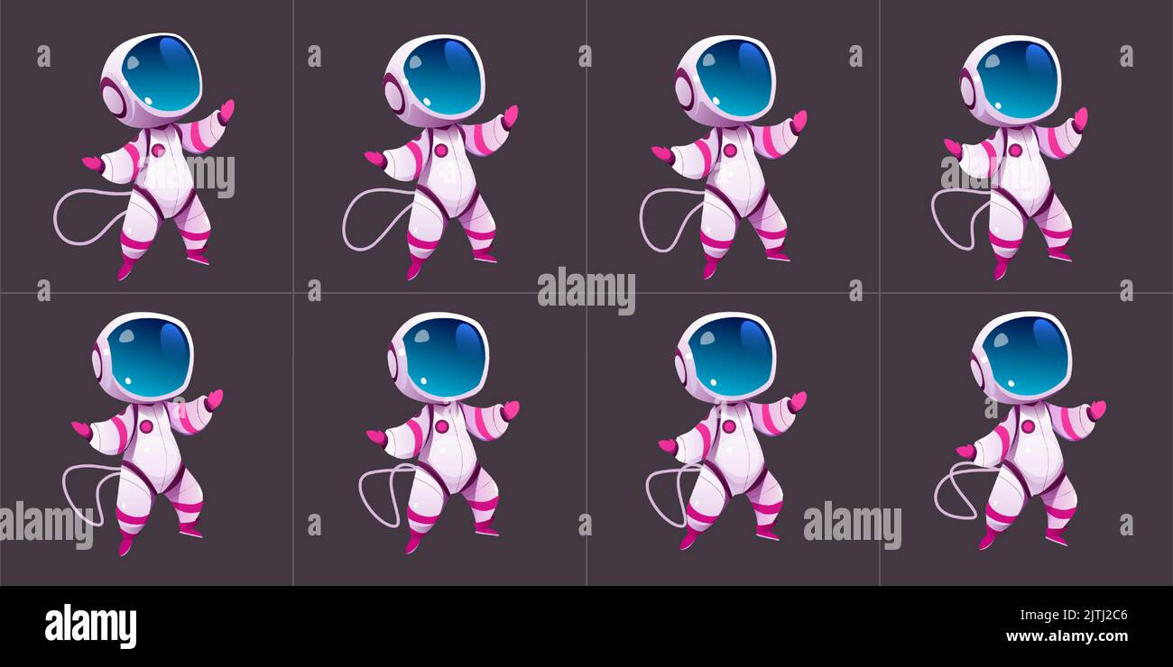 Animation Sprite Blatt des Walking niedlich Astronaut. Vector Cartoon Satz von Bewegung von Raumfahrer in Anzug und Helm auf grauem Hintergrund isoliert. Zyklus Sequenz von Kosmonauten-Schritten Stock Vektor