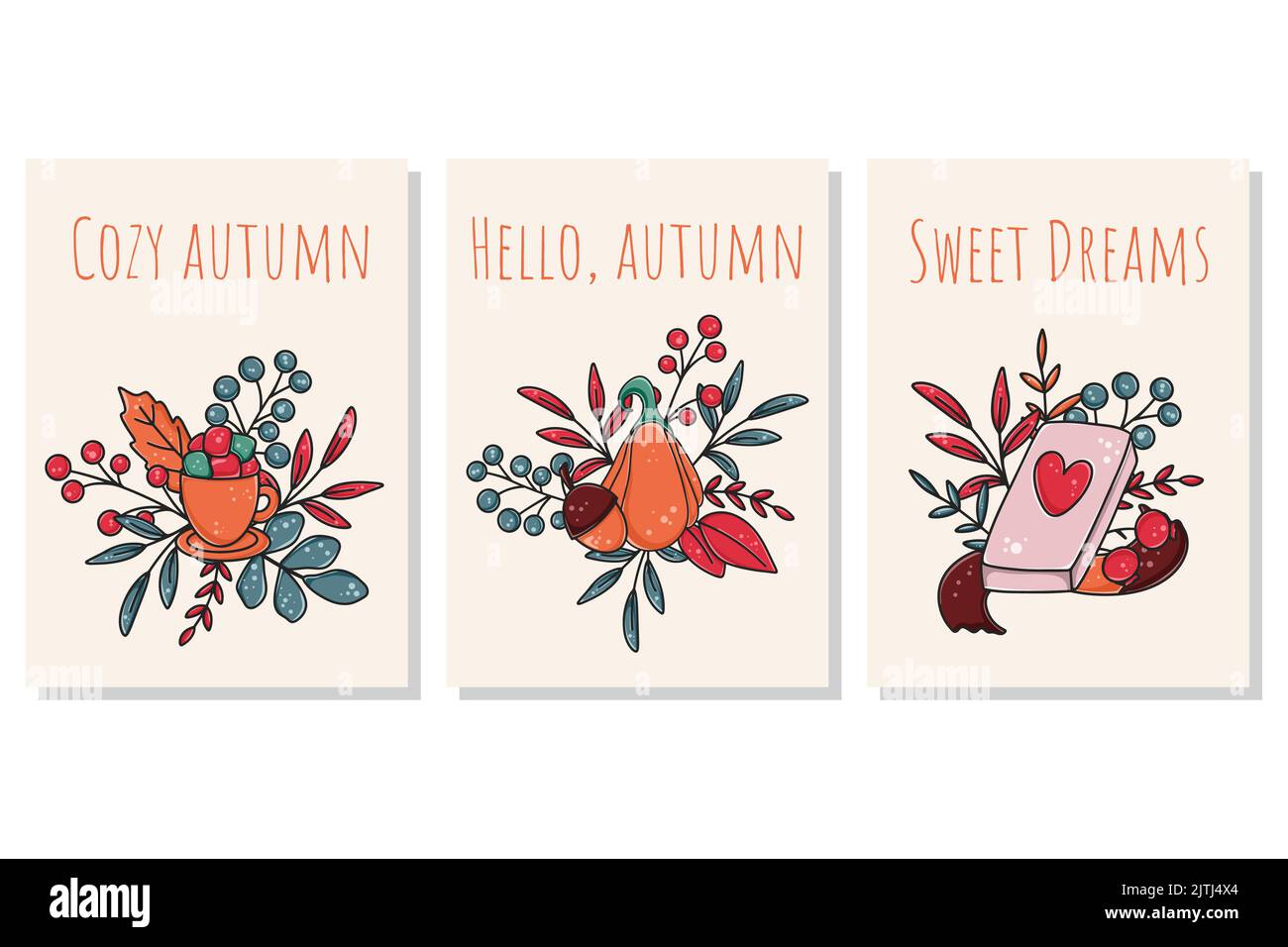 Set Herbstkarten mit Inschriften. Gemütlicher Herbst, süße Träume, hallo-Herbstschrift. Herbstpostkarten mit Laub, Kürbis, Beeren, Buch und Tee vec Stock Vektor
