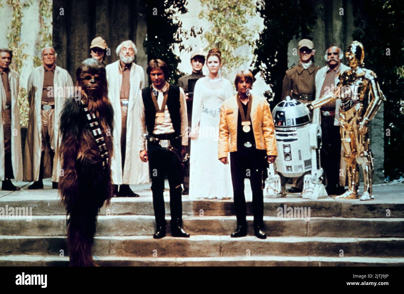 Star Wars, aka Krieg der Sterne, USA 1977, Regie: George Lucas, Charaktere: Chewbacca, Harrison Ford als Han Solo und Mark Hamill als Luke Skywalker Stockfoto