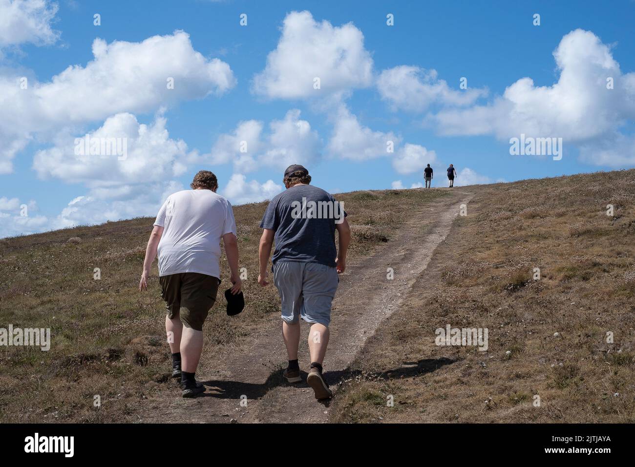 Menschen, die einen Fußweg am gesamten Point East in Newquay in Cornwall hinaufgehen. Stockfoto