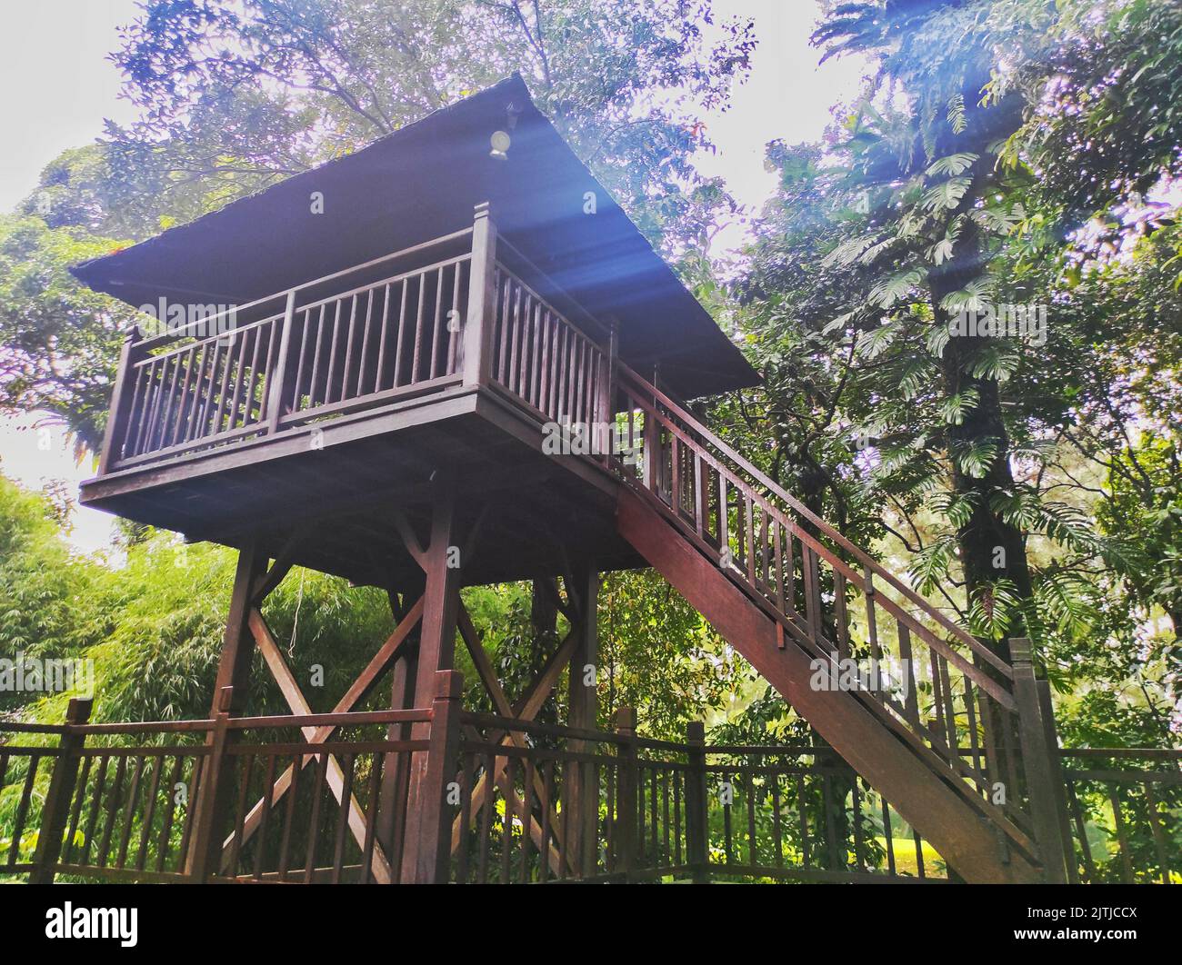 Ein wunderschöner Pavillon versteckt in der Ecke eines Hinterhofs, Terrasse aus Holz. Das Deck ist mit einem Holztor mit Gitterdesign umgeben. Stockfoto