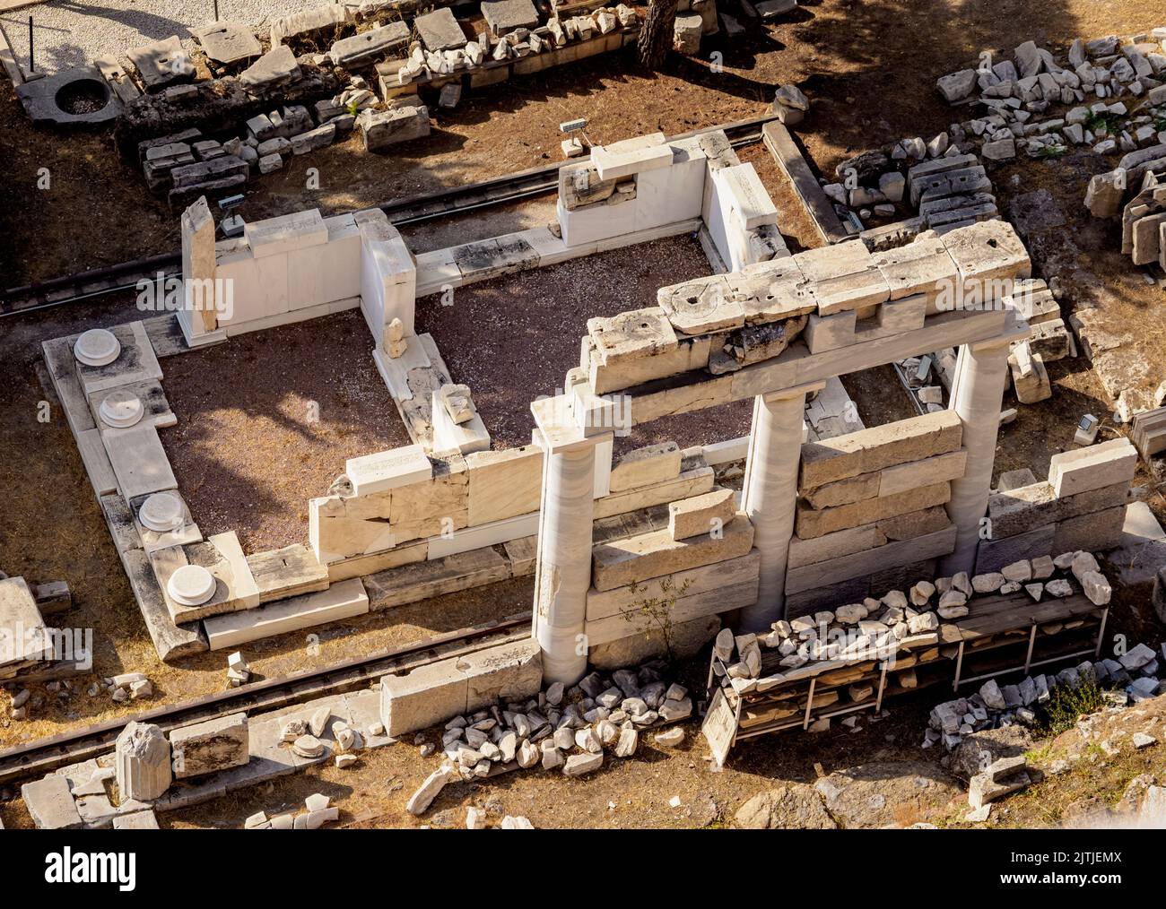 Der Tempel von Asclepios, erhöhte Ansicht, Akropolis, Athen, Attika, Griechenland Stockfoto