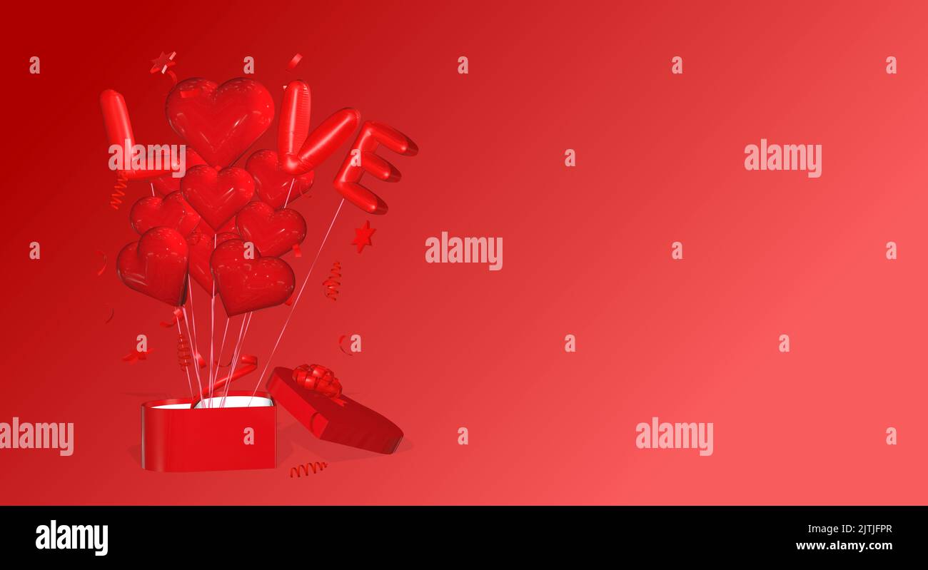 Bund von 3D gerenderten herzförmigen Ballons aus einem herzförmigen Geschenk-Box Valentinstag Geburtstag Hochzeit Hintergrund Stockfoto