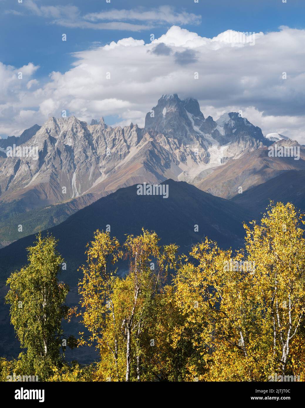 Herbstlandschaft in Svaneti mit Blick auf den Berg Ushba und den Kaukasus vom Berg Mkheer, Georgien Stockfoto