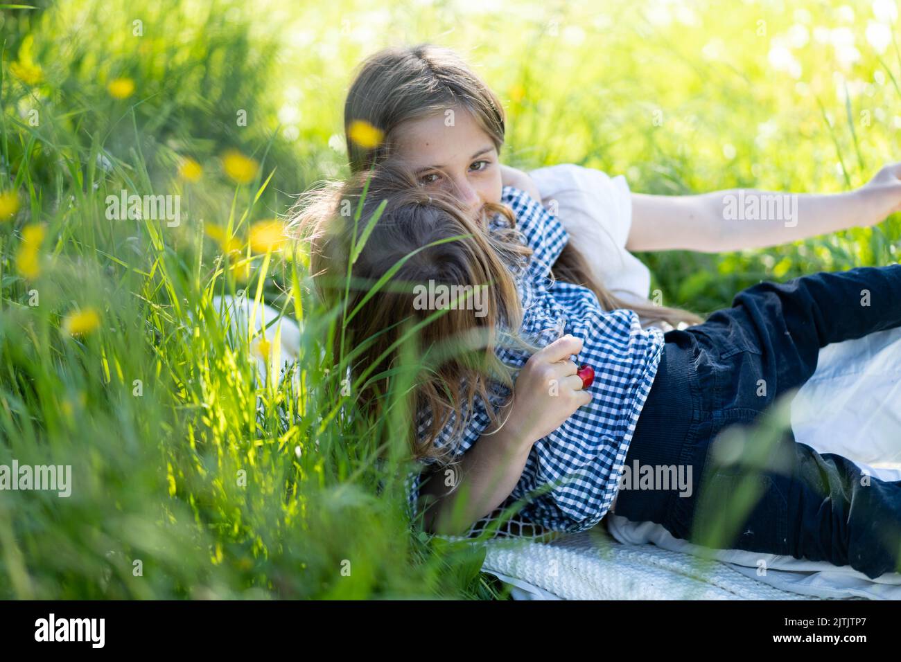 Bruder und Schwester spielen im Park inmitten des grünen Grases. Kinder umarmen sich fest. Picknick außerhalb der Stadt. Kindheit. Beziehungen. Stockfoto