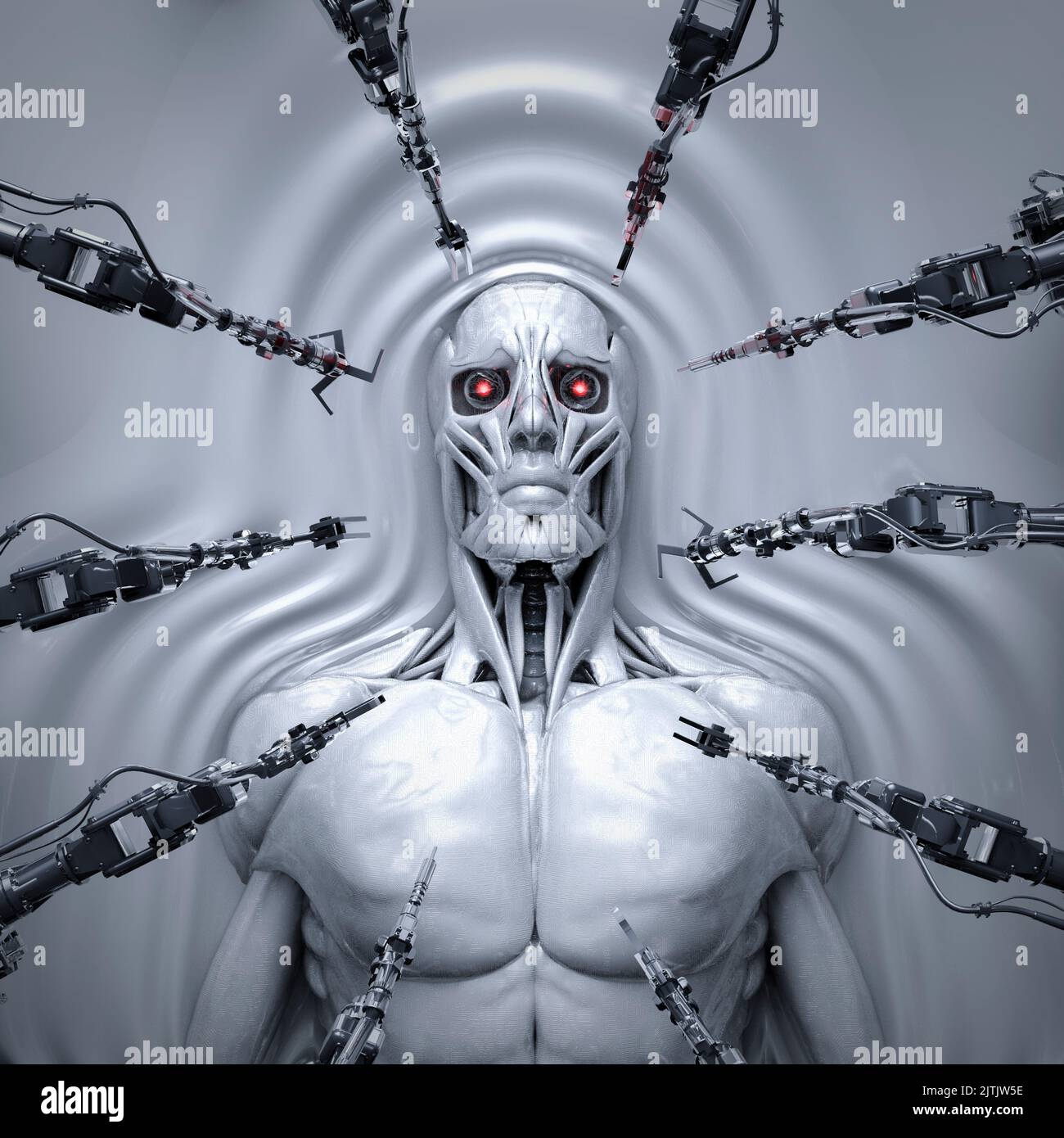 Humanoide Roboter-Kreation - 3D Illustration der Science-Fiction Cyborg Mann aus geschmolzenem flüssigem Metall bilden Stockfoto