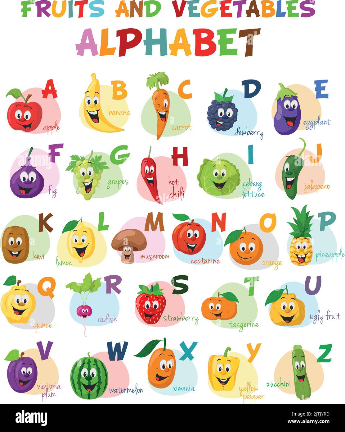 Niedliche Cartoon illustrierte Alphabet mit lustigen Obst und Gemüse Zeichen. Englisches Alphabet. Lesen lernen. Isolierte Vektordarstellung. Stock Vektor