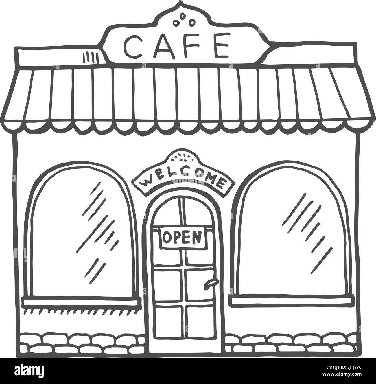 Äußere Skizze des Cafés. Handgezeichnete Gebäudefassade Stock Vektor