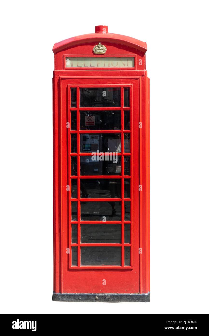 Rote englische Telefonzelle auf weißem Hintergrund isoliert Stockfoto