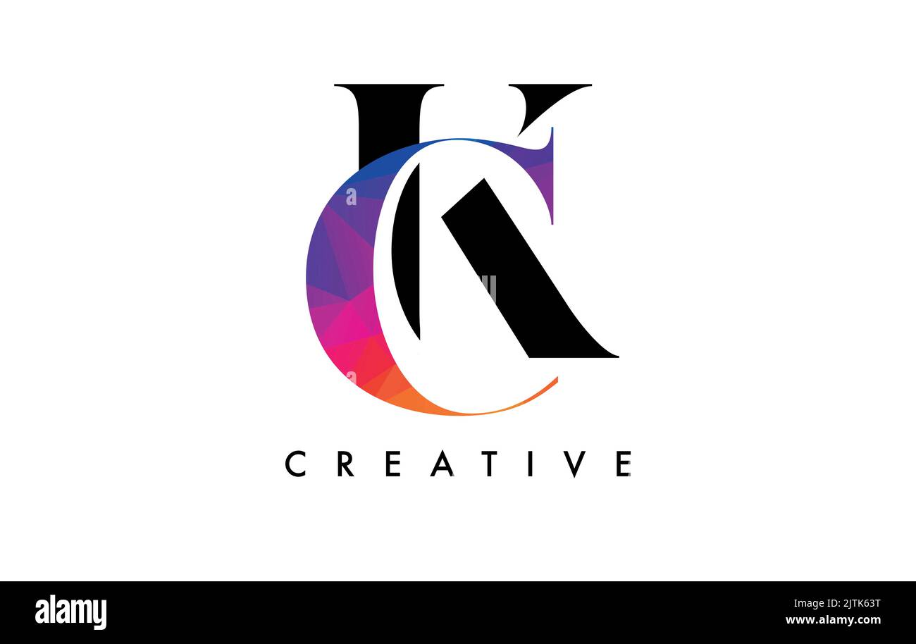 CK Letter Design mit kreativem Schnitt und farbenfroher Regenbogenstruktur. CK Letter Icon Vektor-Logo mit Serif-Schriftart und minimalistischem Stil. Stock Vektor