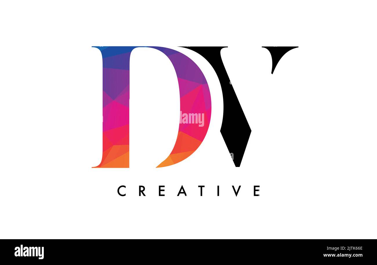 DV-Briefdesign mit kreativem Schnitt und farbenfroher Regenbogenstruktur. VD-Buchstabensymbol Vektorlogo mit Serif-Schrift und minimalistischem Stil. Stock Vektor