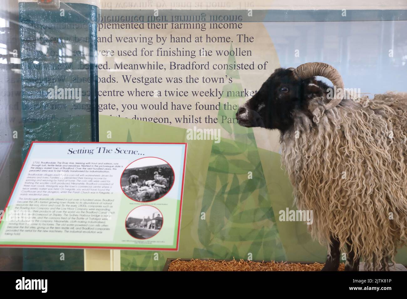 Ausstellung über Bradfords große historische Wollindustrie, im Industrial Mueum, in Moorside Mills, in West Yorkshire, Großbritannien Stockfoto