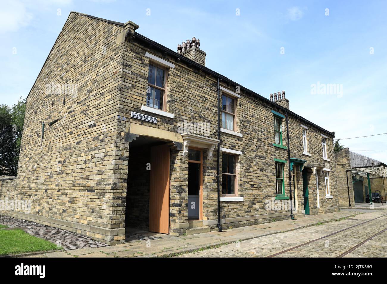 Gaythorne Row, 3 Back-to-Back-Häuser, erbaut 1876 in Bradford, und transportierte Stein für Stein zum Industrial Museum in Moorside Mills, Großbritannien Stockfoto
