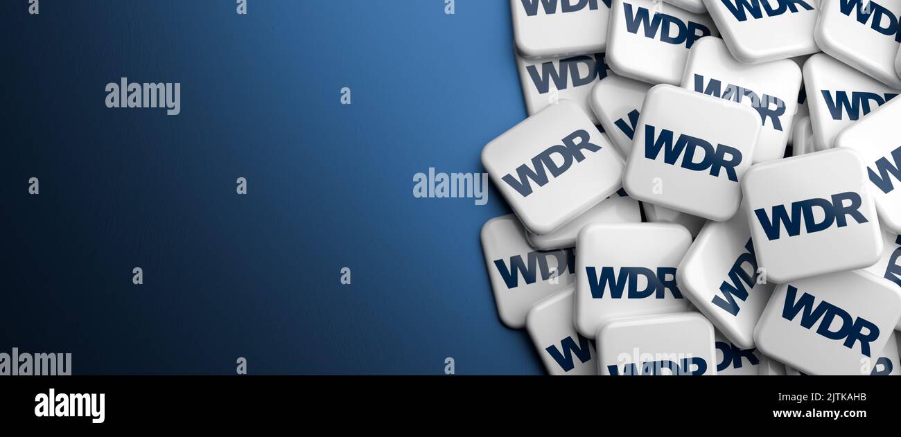 Logos des Westdeutschen Rundfunks WDR für das Land Nordrhein-Westfalen auf Stockfoto