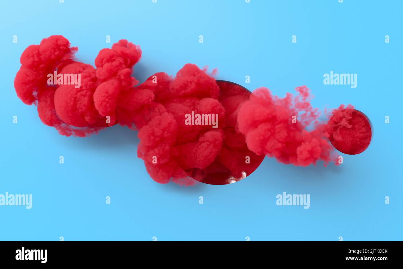 Roter Rauch kommt aus einem kreisförmigen Loch auf hellblauem Hintergrund. 3D Rendern Stockfoto