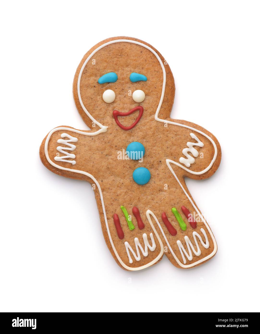 Blick von oben auf die Gingerbread Man isoliert auf weißem Stockfoto