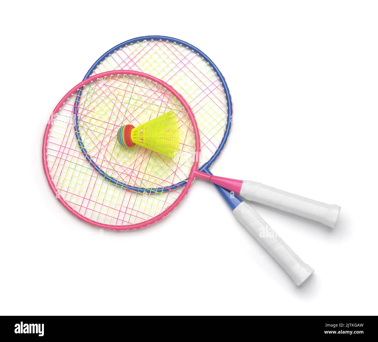 Draufsicht auf Badminton-Schläger und Federball-Set isoliert auf Weiß Stockfoto